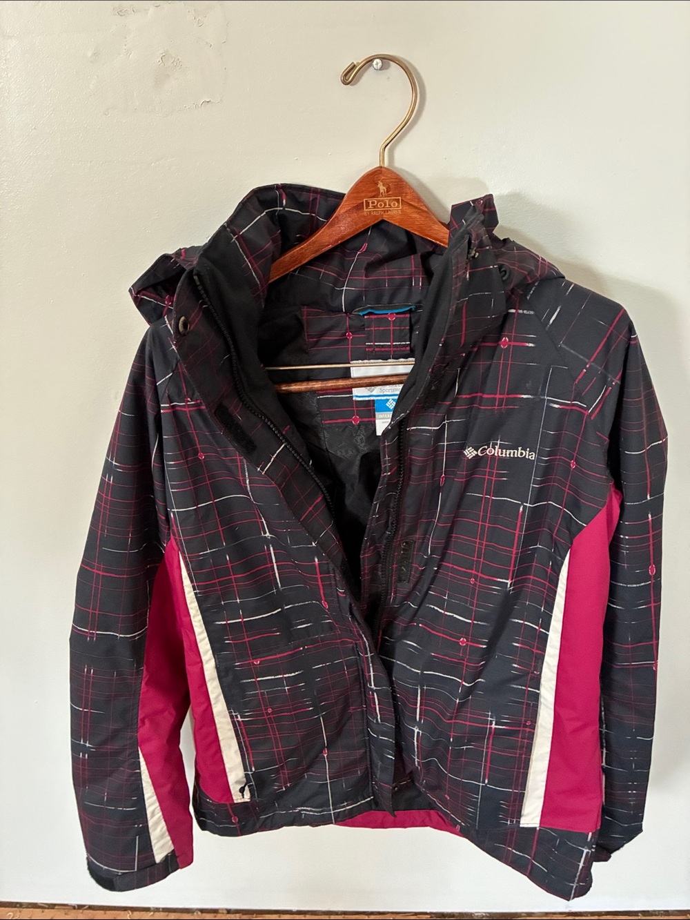 Columbia Black Plaid Jacket with Pink Panels